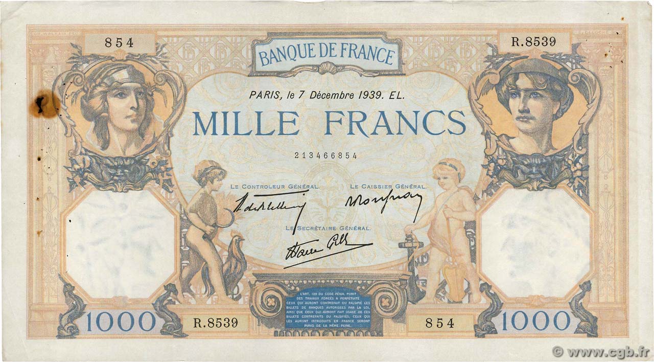 1000 Francs CÉRÈS ET MERCURE type modifié FRANKREICH  1939 F.38.40 fSS