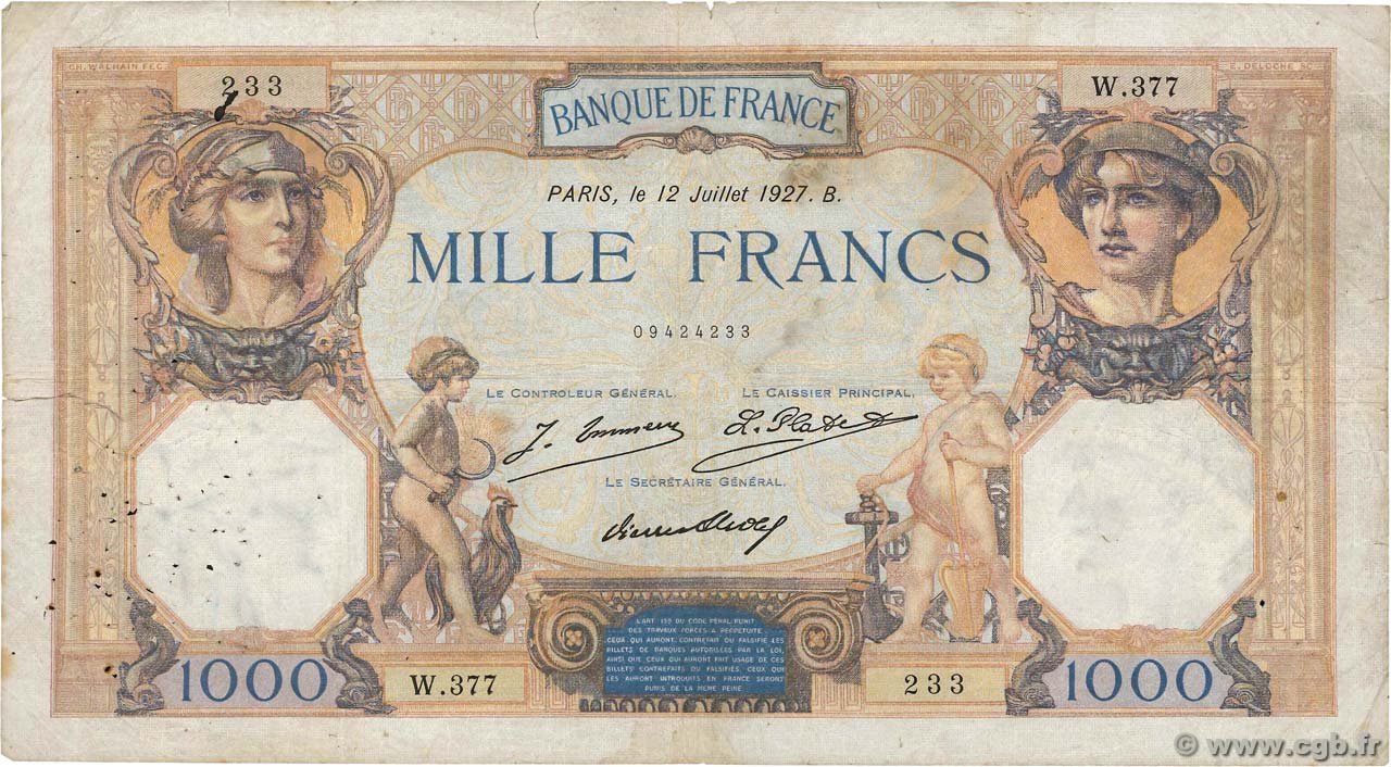1000 Francs CÉRÈS ET MERCURE FRANCE  1927 F.37.01 G