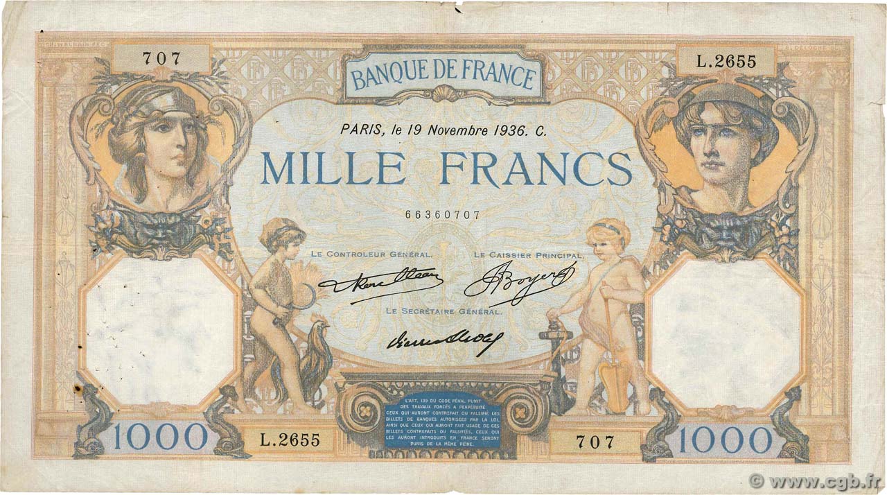 1000 Francs CÉRÈS ET MERCURE FRANCE  1936 F.37.09 TB