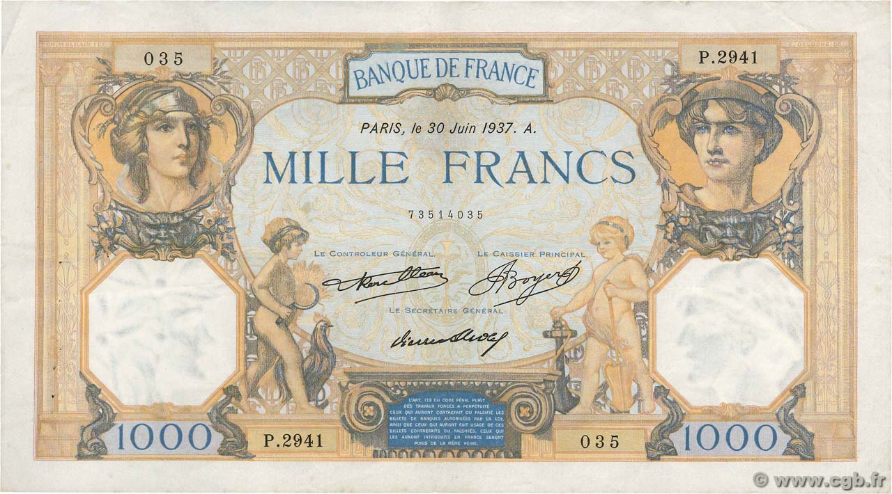 1000 Francs CÉRÈS ET MERCURE FRANCE  1937 F.37.10 VF