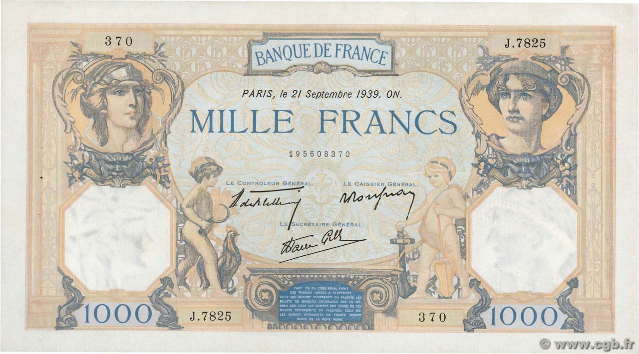 1000 Francs CÉRÈS ET MERCURE type modifié FRANKREICH  1939 F.38.37 fVZ