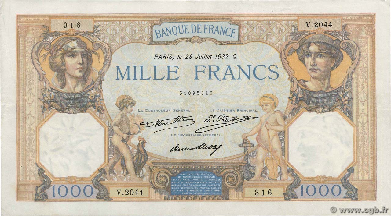 1000 Francs CÉRÈS ET MERCURE FRANCIA  1932 F.37.07 MBC