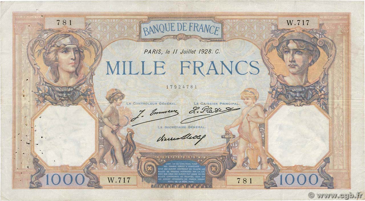1000 Francs CÉRÈS ET MERCURE FRANCIA  1928 F.37.02 BC+