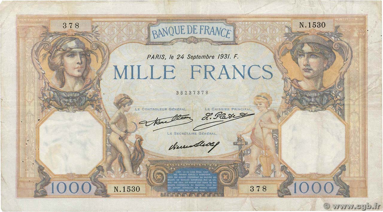 1000 Francs CÉRÈS ET MERCURE FRANCE  1931 F.37.06 TB