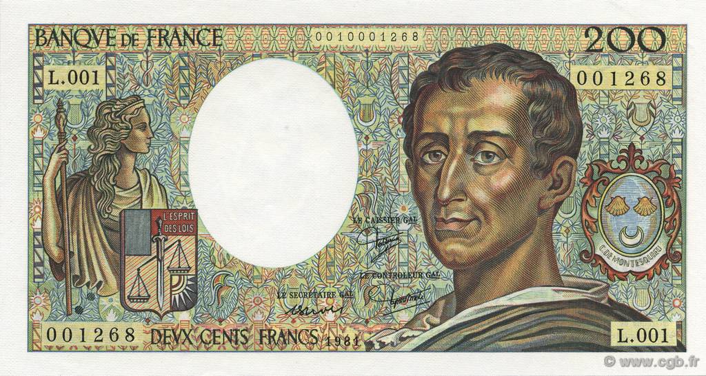 200 Francs Montesquieu FRANKREICH  1981 F.70.01 ST