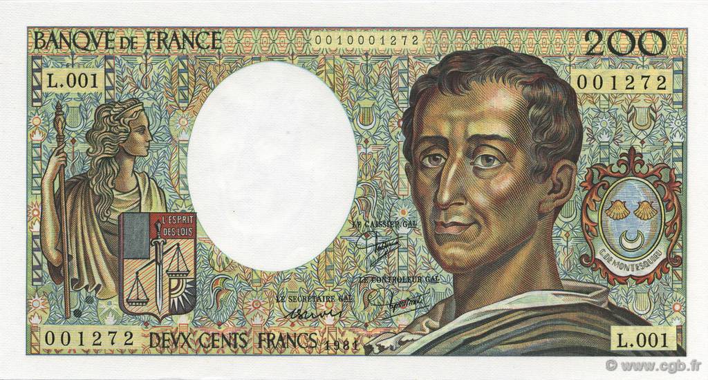 200 Francs Montesquieu FRANCIA  1981 F.70.01 FDC
