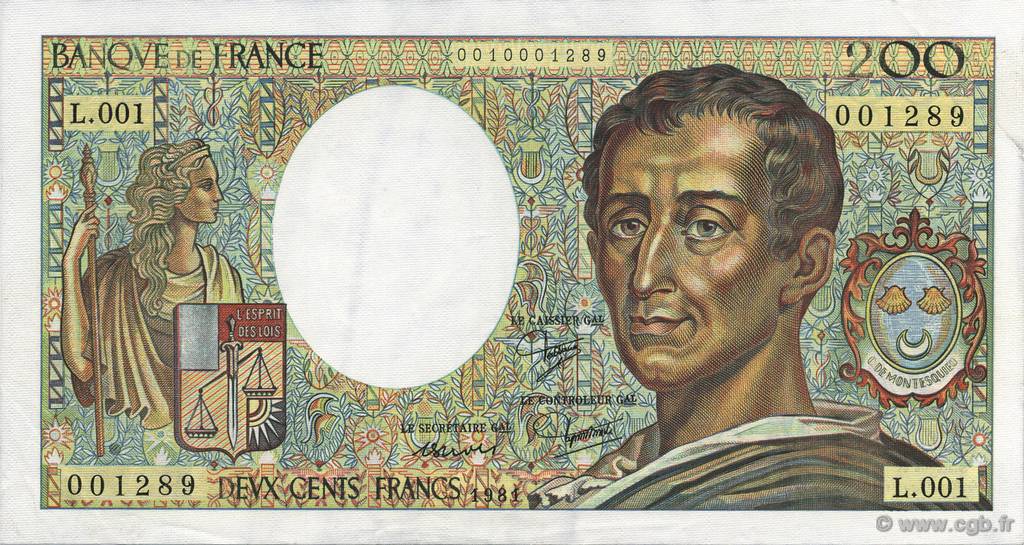 200 Francs Montesquieu Fauté FRANCIA  1981 F.70.01 AU+