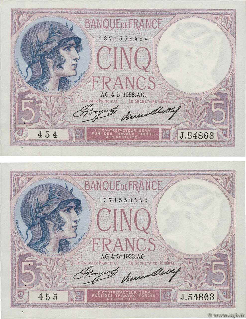 5 Francs FEMME CASQUÉE Consécutifs FRANCIA  1933 F.03.17 SC