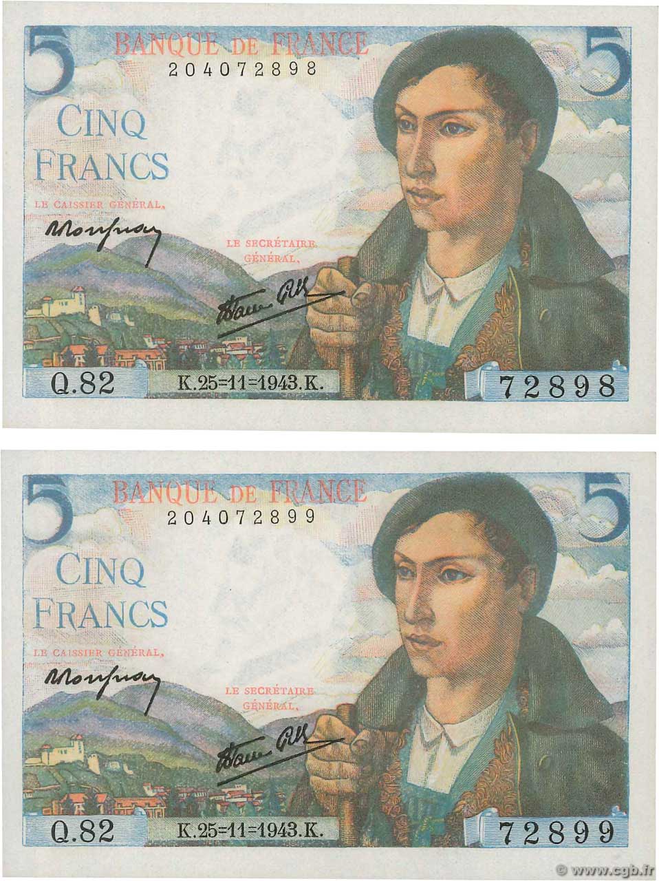5 Francs BERGER Consécutifs FRANCE  1943 F.05.04 NEUF