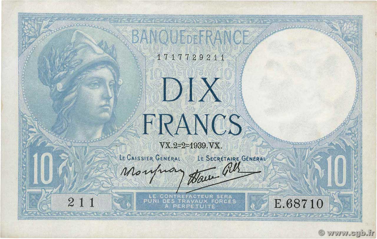 10 Francs MINERVE modifié FRANKREICH  1939 F.07.01 VZ