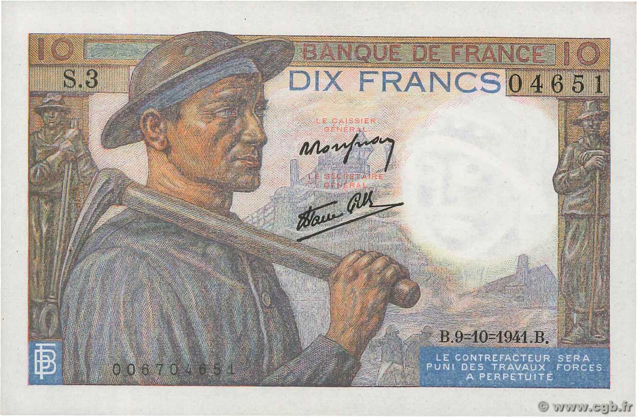 10 Francs MINEUR FRANCE  1941 F.08.02 SUP+