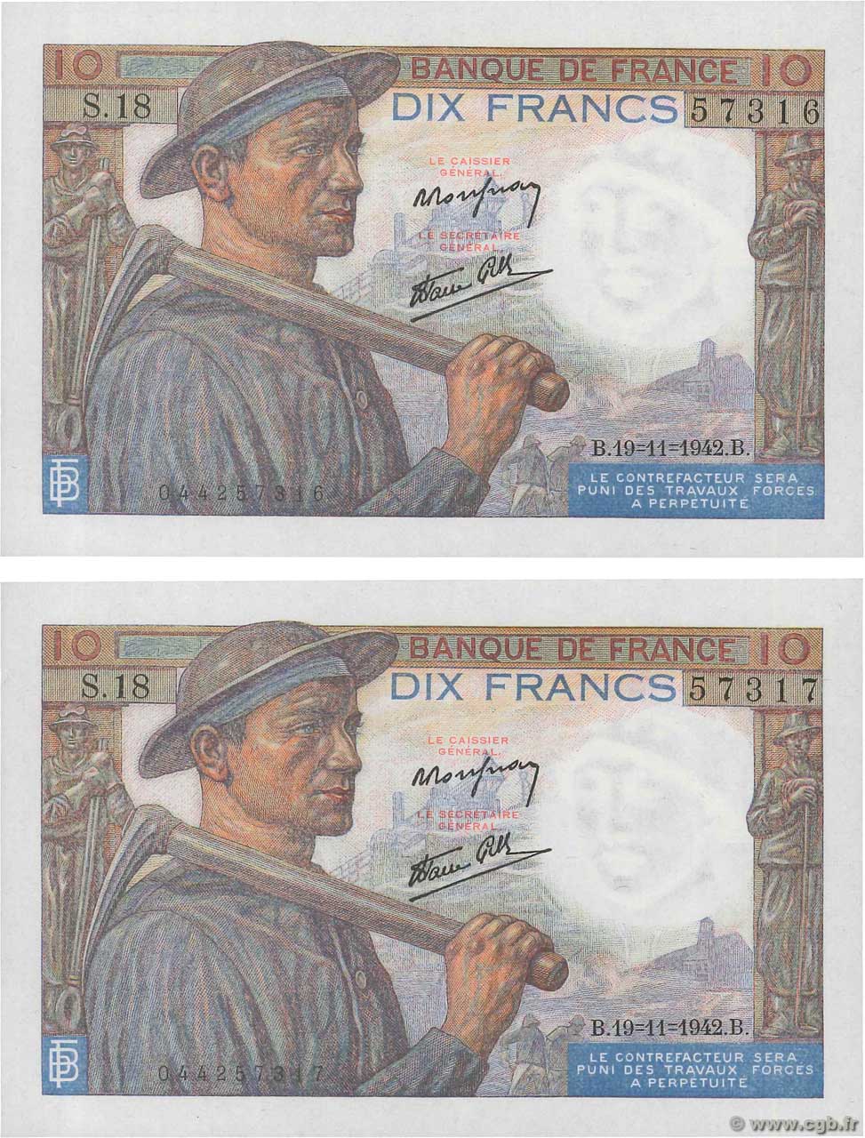 10 Francs MINEUR Consécutifs FRANCE  1942 F.08.05 UNC