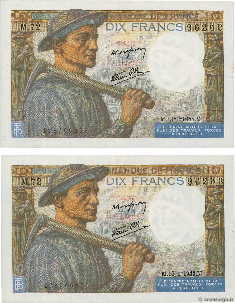 10 Francs MINEUR Consécutifs FRANCE  1944 F.08.10 AU