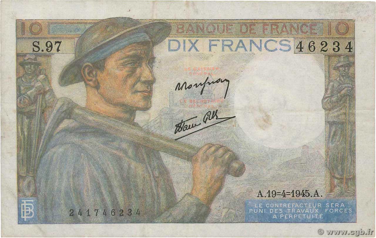 10 Francs MINEUR FRANCIA  1945 F.08.13 BC+