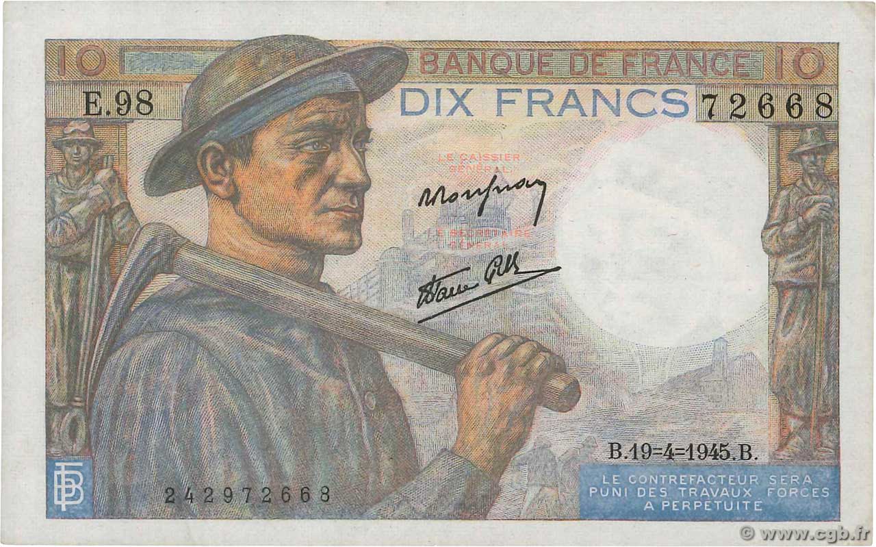 10 Francs MINEUR FRANCE  1945 F.08.13 VF+