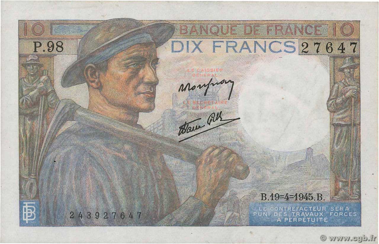 10 Francs MINEUR FRANCE  1945 F.08.13 XF