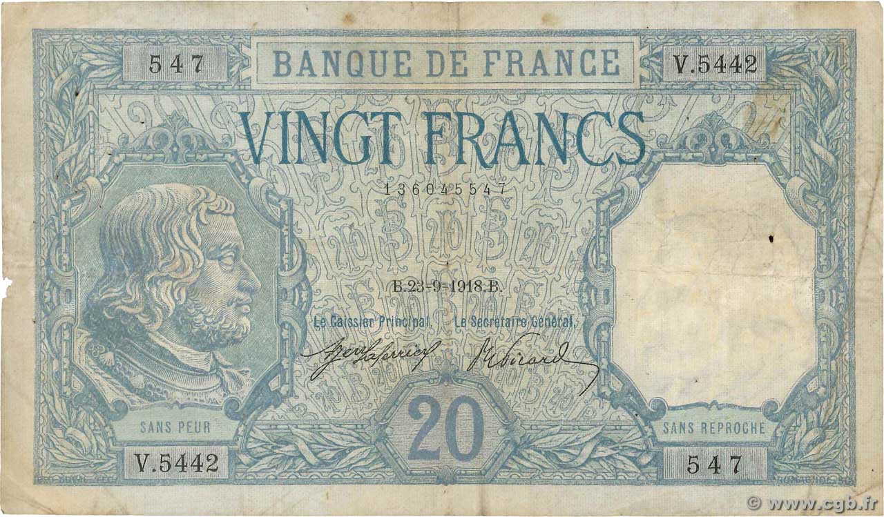20 Francs BAYARD FRANCE  1918 F.11.03 B+