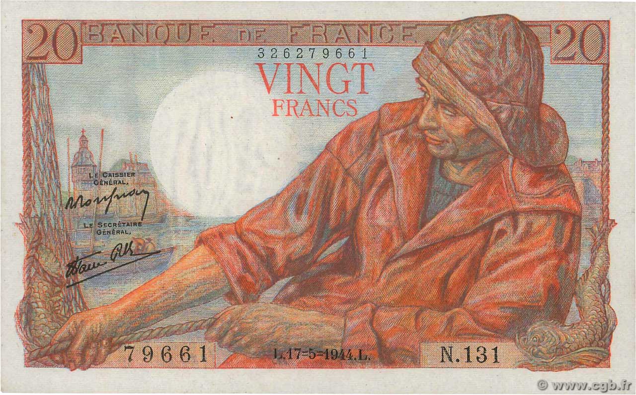 20 Francs PÊCHEUR FRANKREICH  1944 F.13.09 VZ