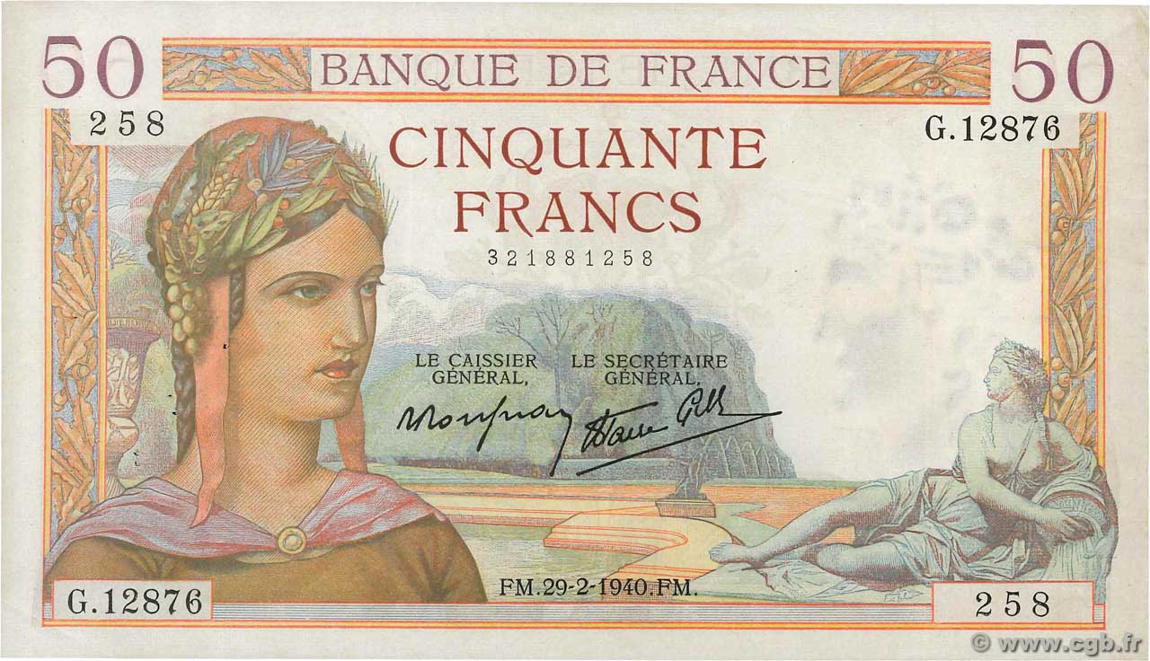 50 Francs CÉRÈS modifié FRANCIA  1940 F.18.40 MBC