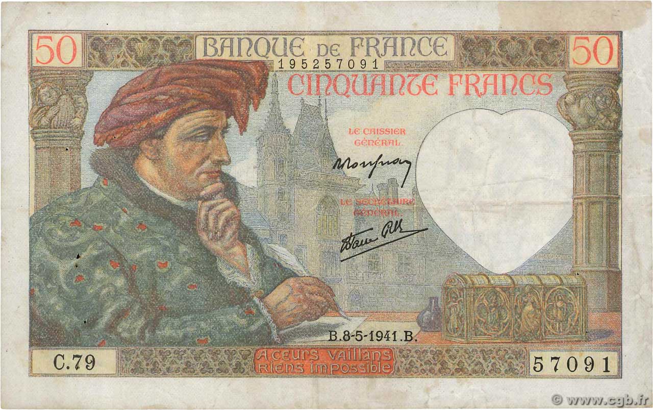 50 Francs JACQUES CŒUR FRANCE  1941 F.19.10 TB+