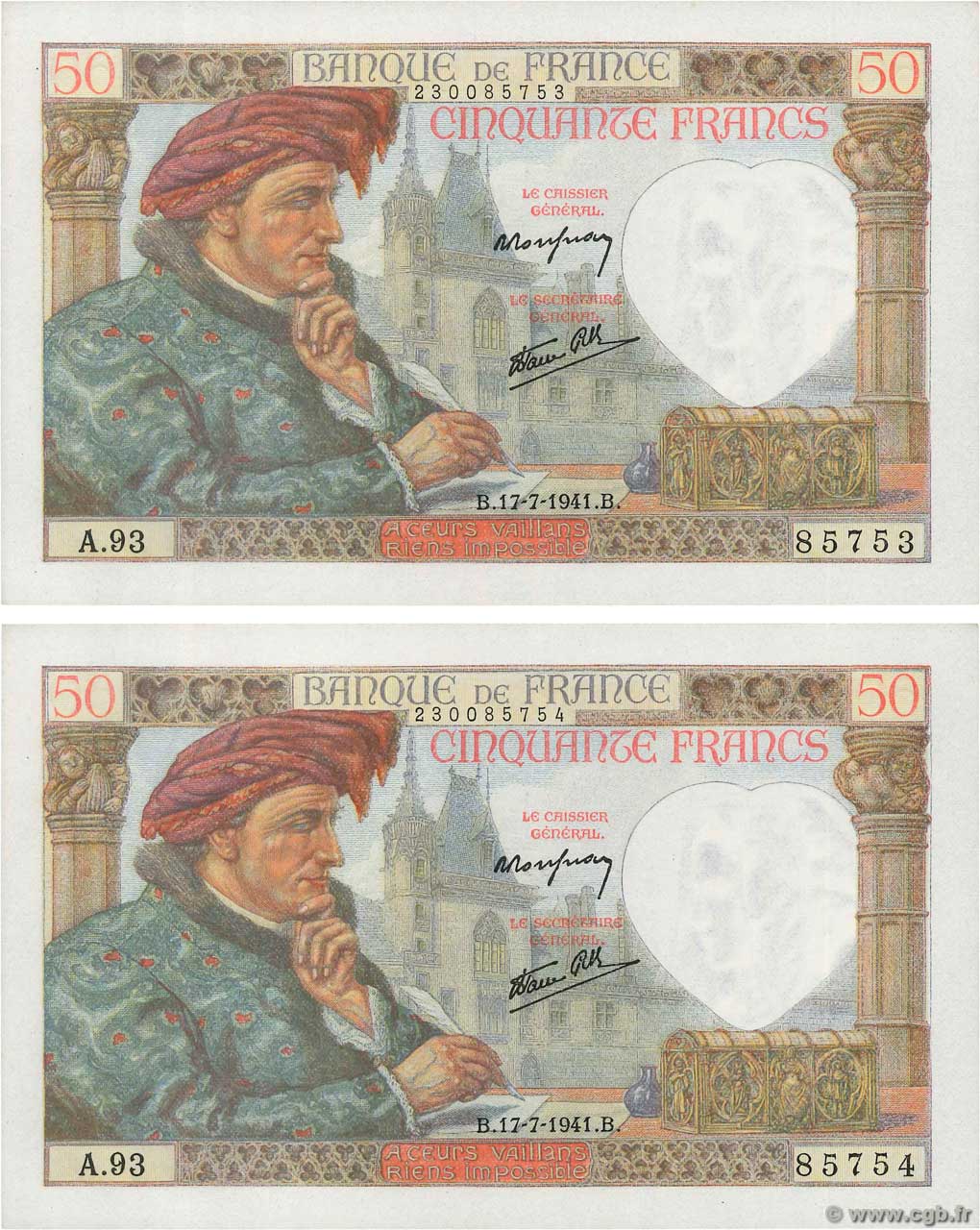 50 Francs JACQUES CŒUR Consécutifs FRANCE  1941 F.19.12 pr.NEUF