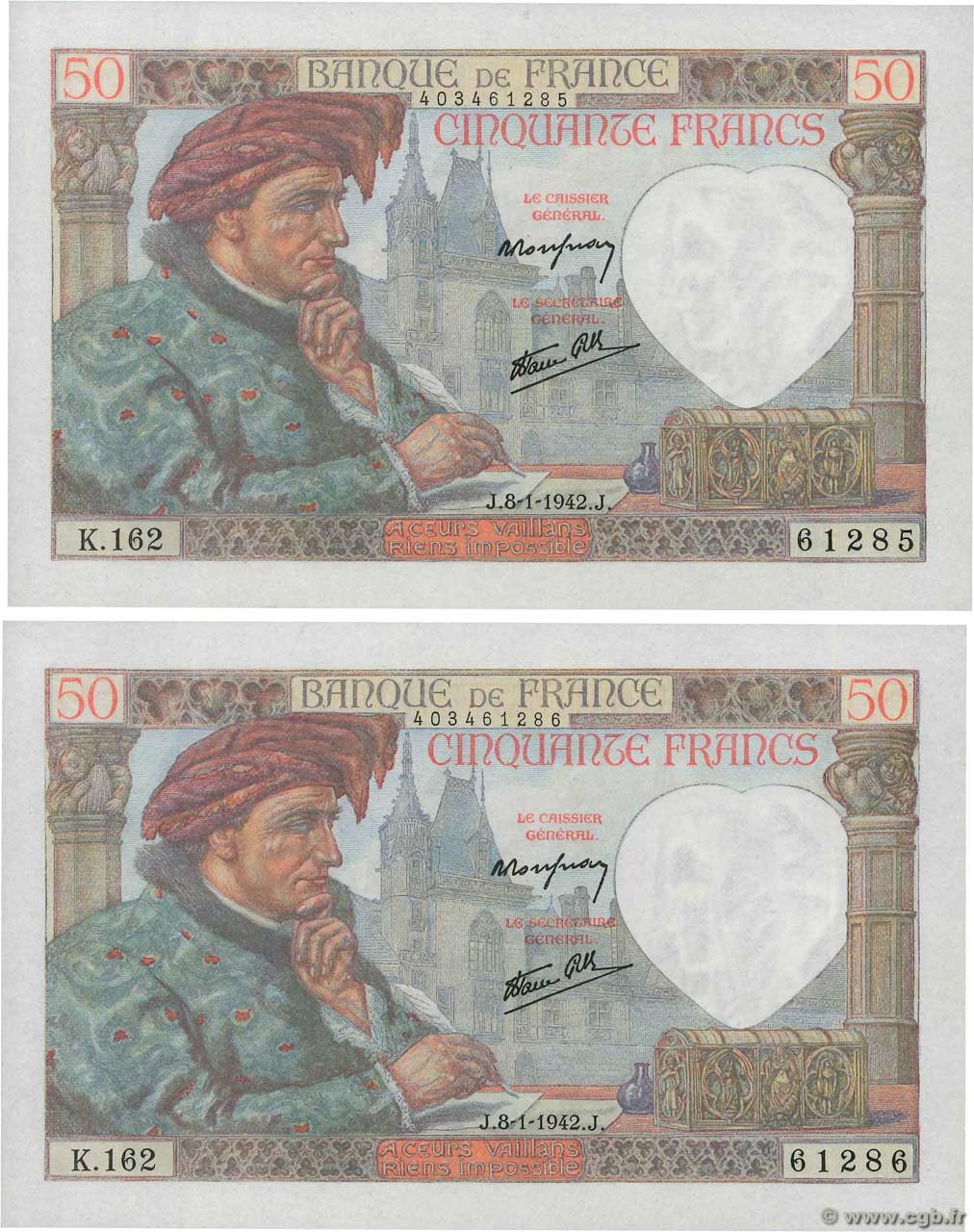 50 Francs JACQUES CŒUR Consécutifs FRANCIA  1942 F.19.18 FDC