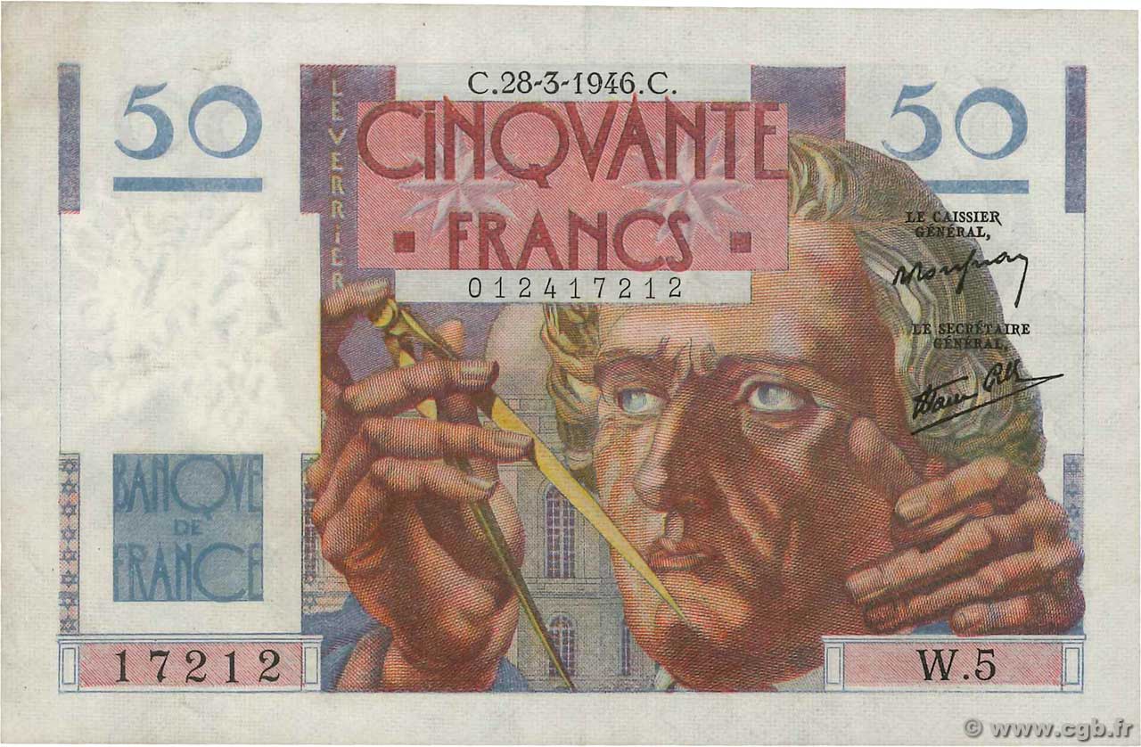 50 Francs LE VERRIER FRANCIA  1946 F.20.02 q.SPL