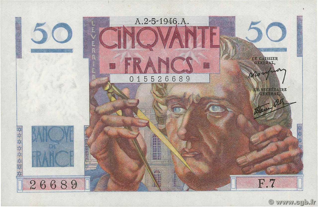 50 Francs LE VERRIER FRANCE  1946 F.20.03 SUP+