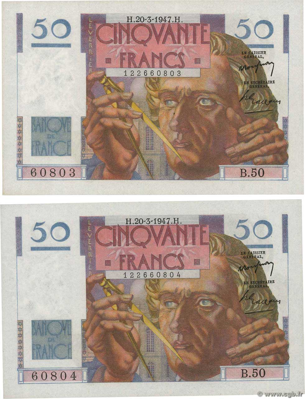 50 Francs LE VERRIER Consécutifs FRANCIA  1947 F.20.07 SC+