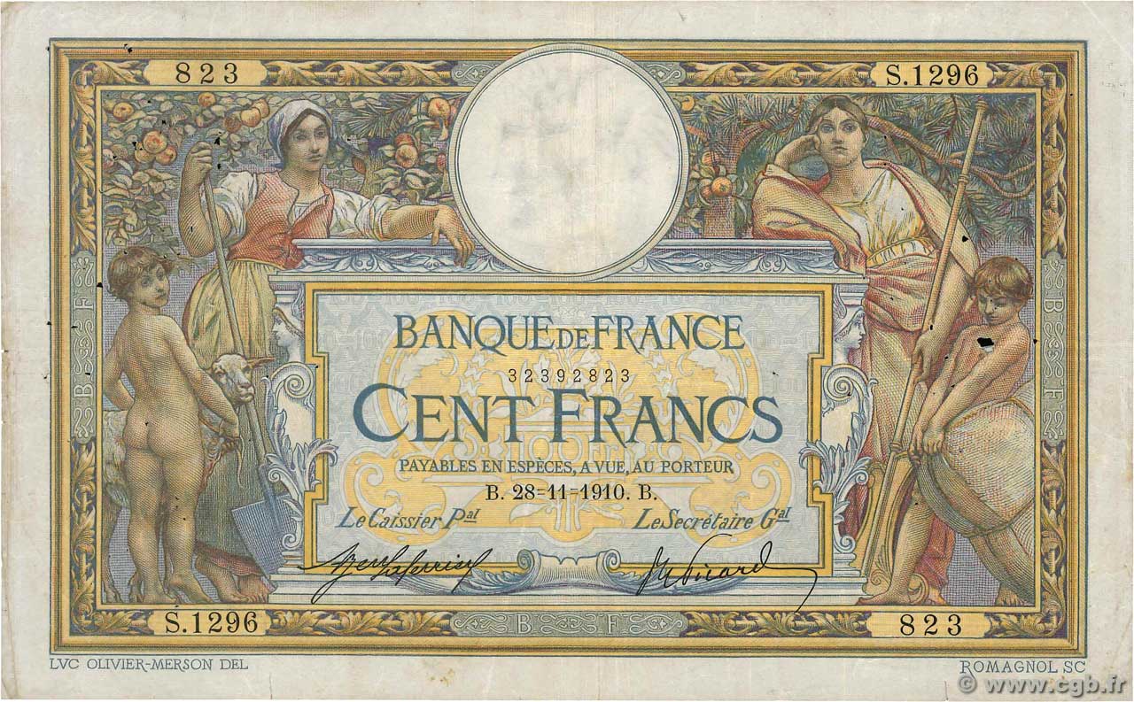 100 Francs LUC OLIVIER MERSON sans LOM FRANCE  1910 F.23.02 pr.TB