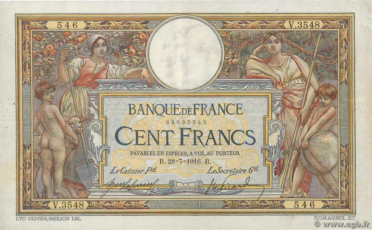 100 Francs LUC OLIVIER MERSON sans LOM FRANCIA  1916 F.23.08 MBC