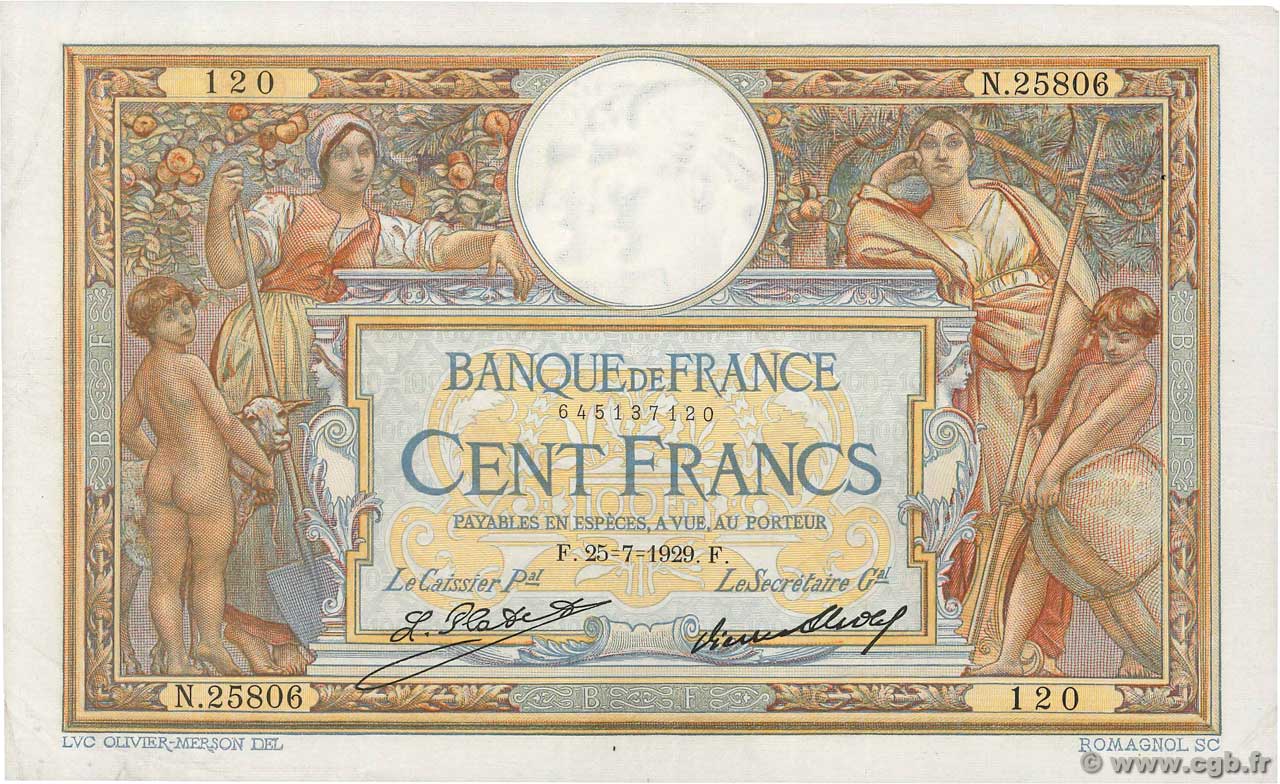 100 Francs LUC OLIVIER MERSON grands cartouches FRANCE  1929 F.24.08 VF+