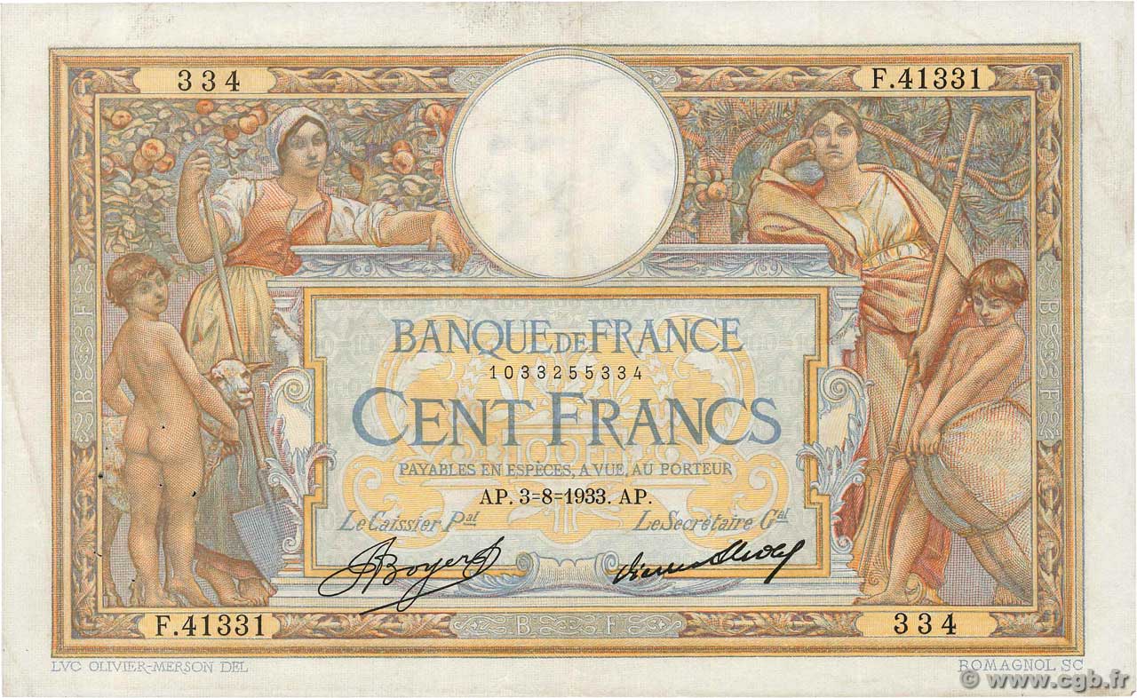 100 Francs LUC OLIVIER MERSON grands cartouches FRANCIA  1933 F.24.12 MBC