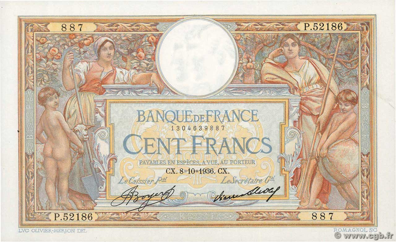 100 Francs LUC OLIVIER MERSON grands cartouches FRANCIA  1936 F.24.15 SPL+