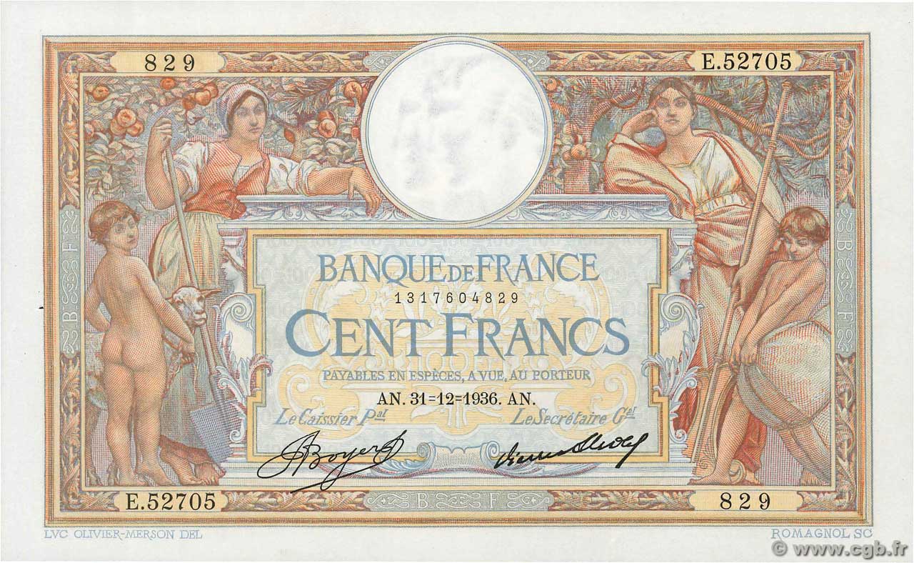 100 Francs LUC OLIVIER MERSON grands cartouches FRANCIA  1936 F.24.15 EBC+