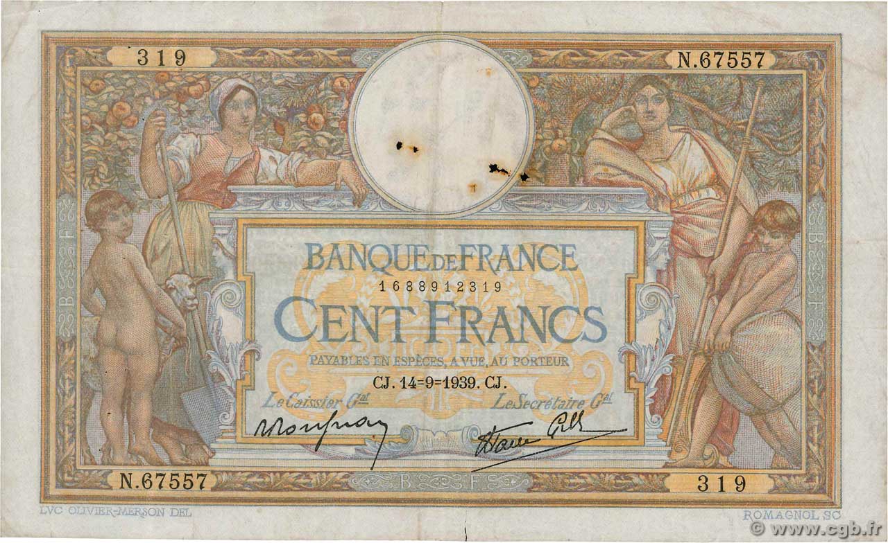 100 Francs LUC OLIVIER MERSON type modifié FRANCE  1939 F.25.49 TB
