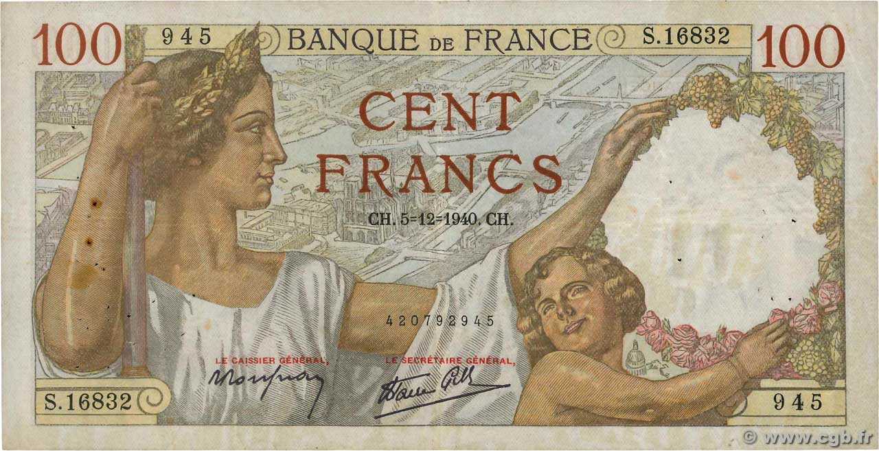 100 Francs SULLY FRANCE  1940 F.26.42 TB+