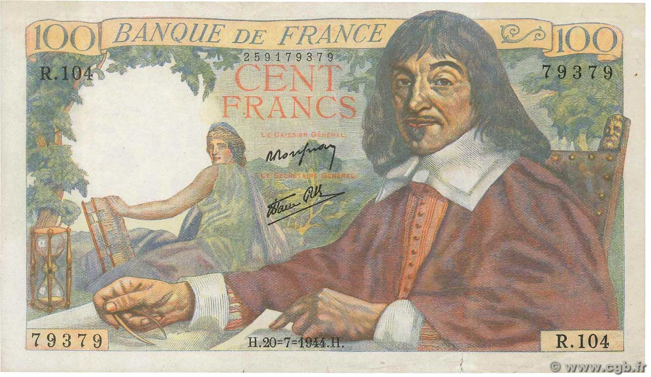 100 Francs DESCARTES FRANCE  1944 F.27.06 pr.SUP