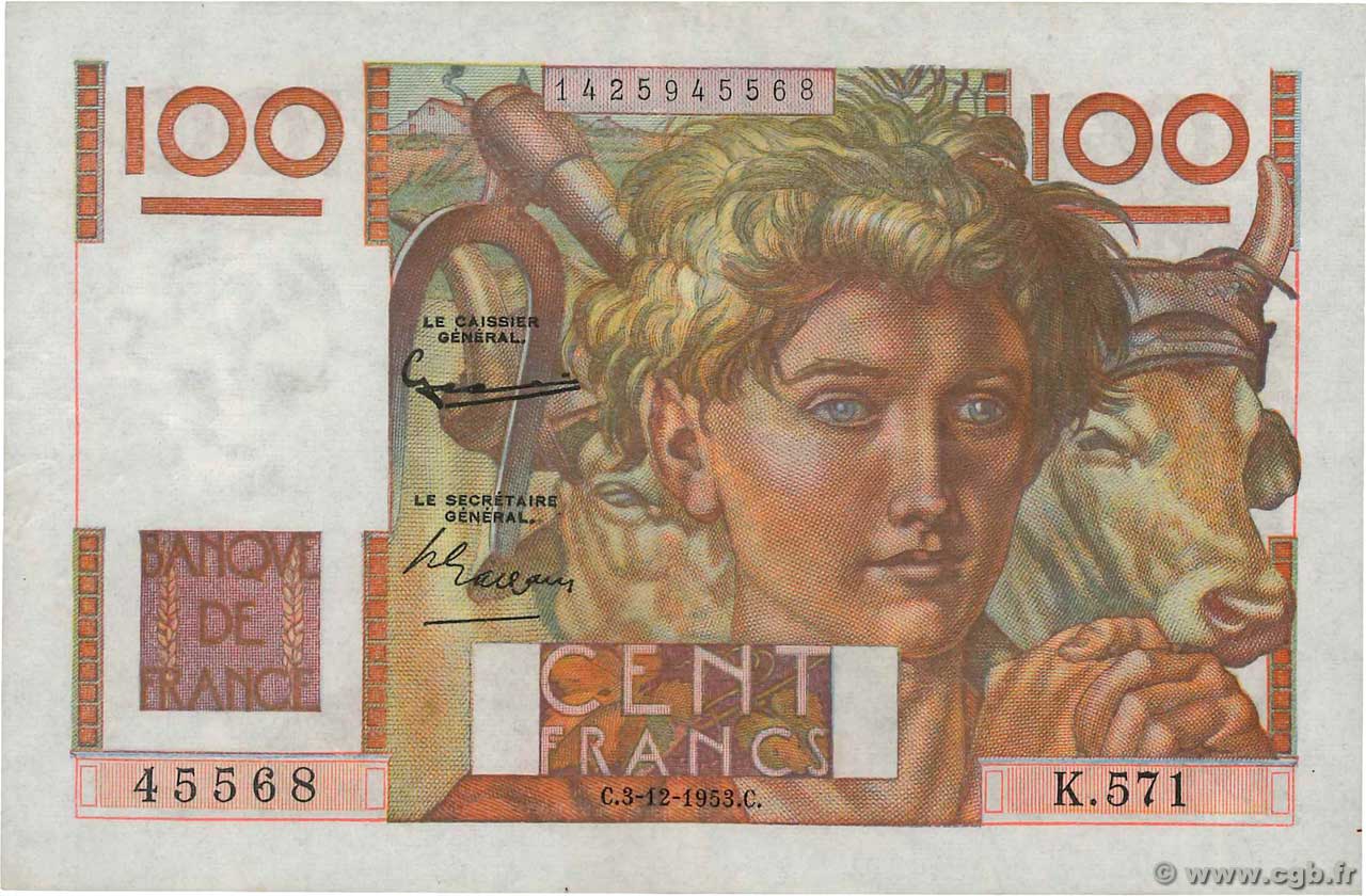 100 Francs JEUNE PAYSAN FRANCIA  1953 F.28.40 MBC+