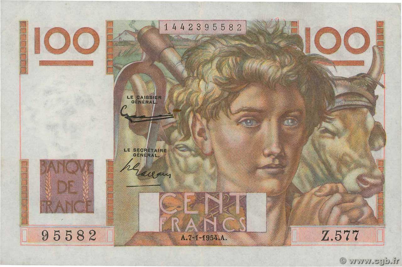100 Francs JEUNE PAYSAN FRANCE  1954 F.28.41 XF