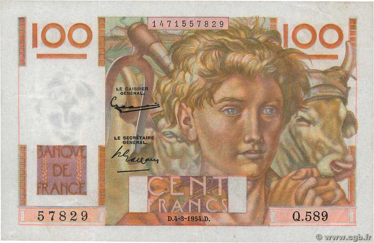 100 Francs JEUNE PAYSAN FRANCE  1954 F.28.42 TTB+