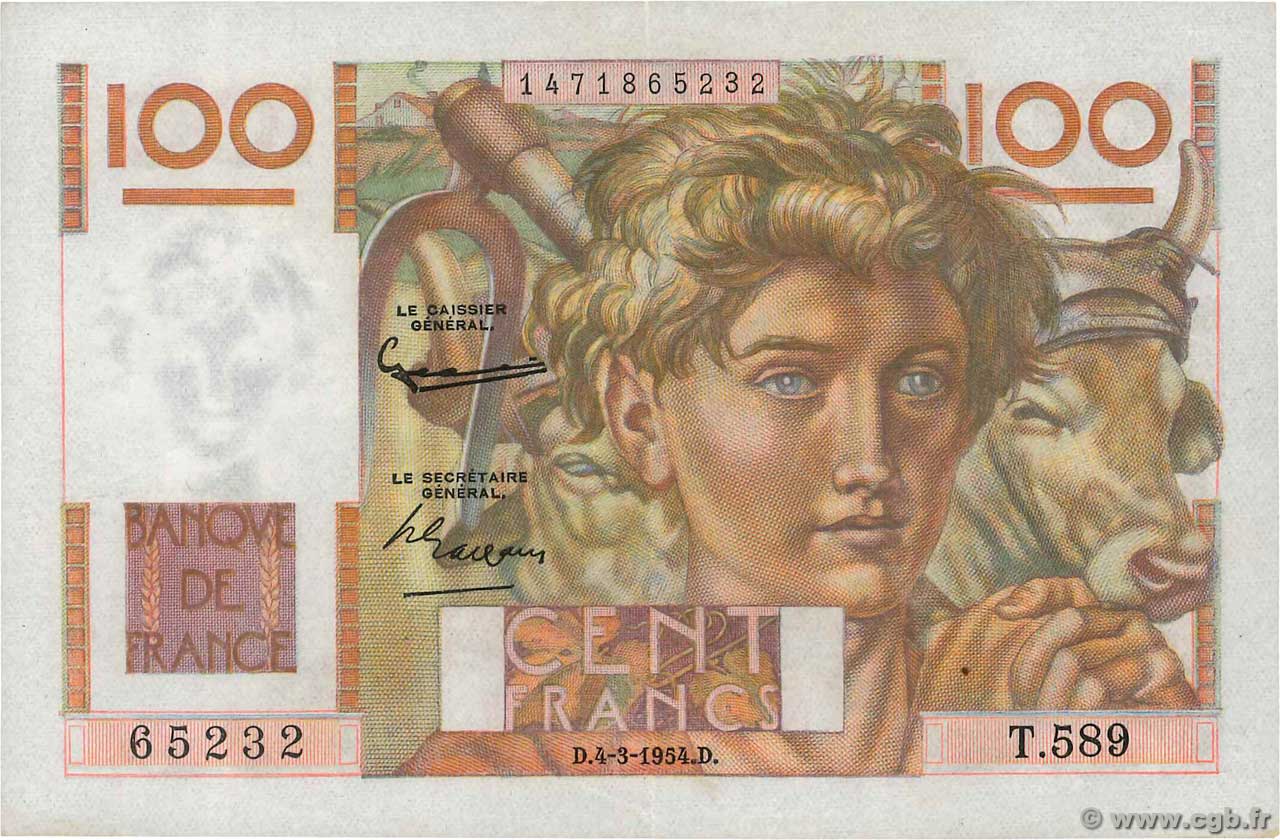 100 Francs JEUNE PAYSAN FRANKREICH  1954 F.28.42 fST