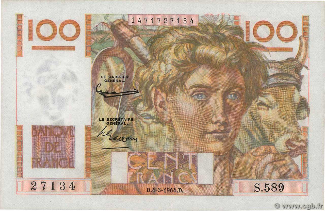 100 Francs JEUNE PAYSAN FRANCE  1954 F.28.42 AU
