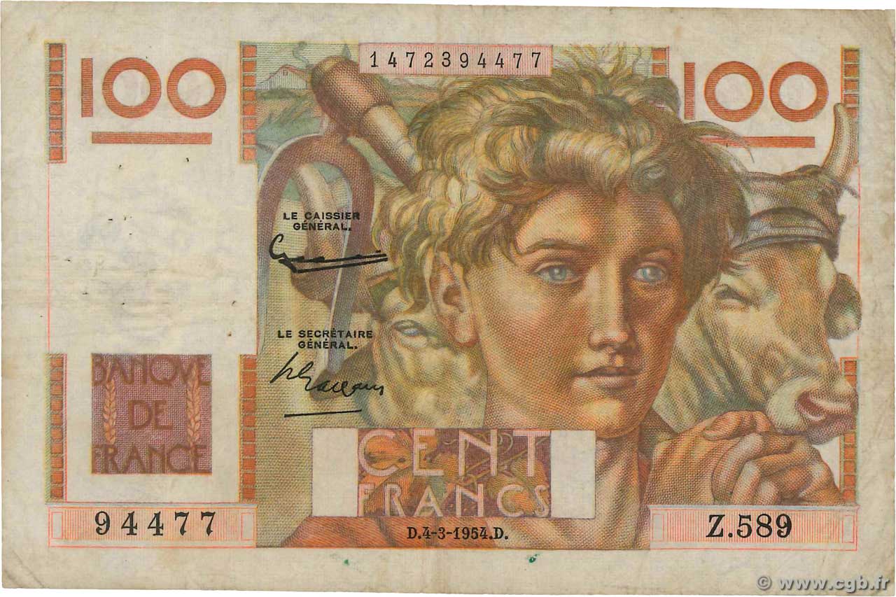 100 Francs JEUNE PAYSAN filigrane inversé FRANCE  1954 F.28bis.05 F