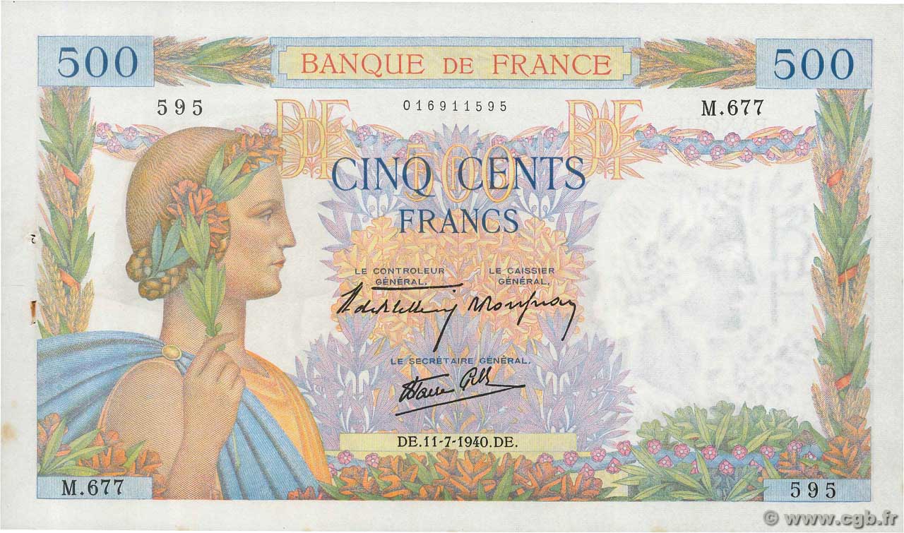 500 Francs LA PAIX FRANCE  1940 F.32.04 SUP
