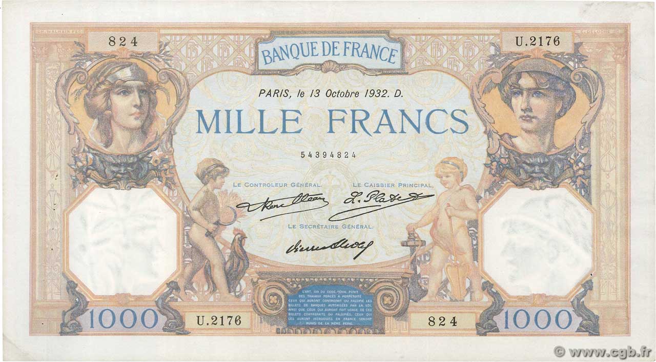 1000 Francs CÉRÈS ET MERCURE FRANCIA  1932 F.37.07 q.SPL