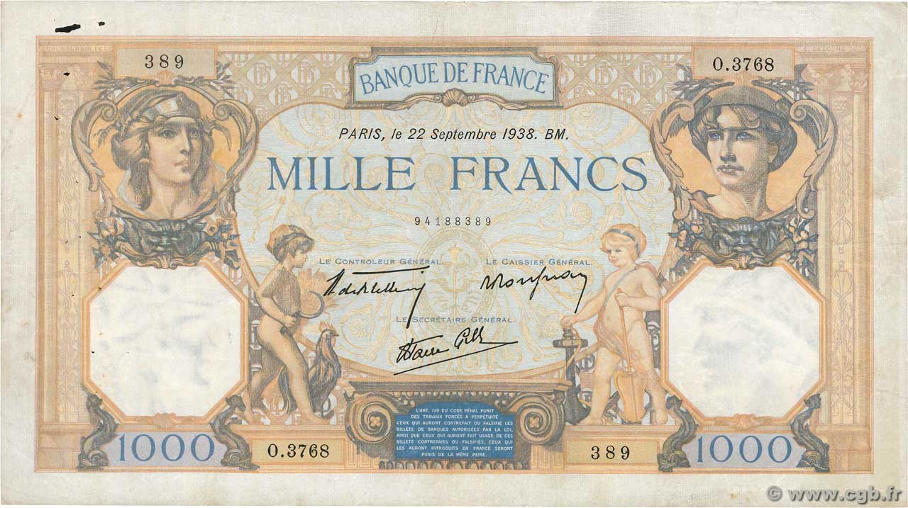 1000 Francs CÉRÈS ET MERCURE type modifié FRANCIA  1938 F.38.27 BC+