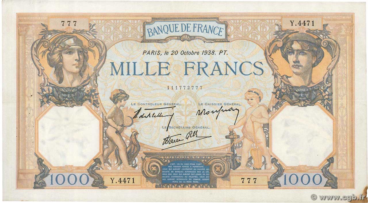 1000 Francs CÉRÈS ET MERCURE type modifié Numéro spécial FRANCIA  1938 F.38.30 q.SPL