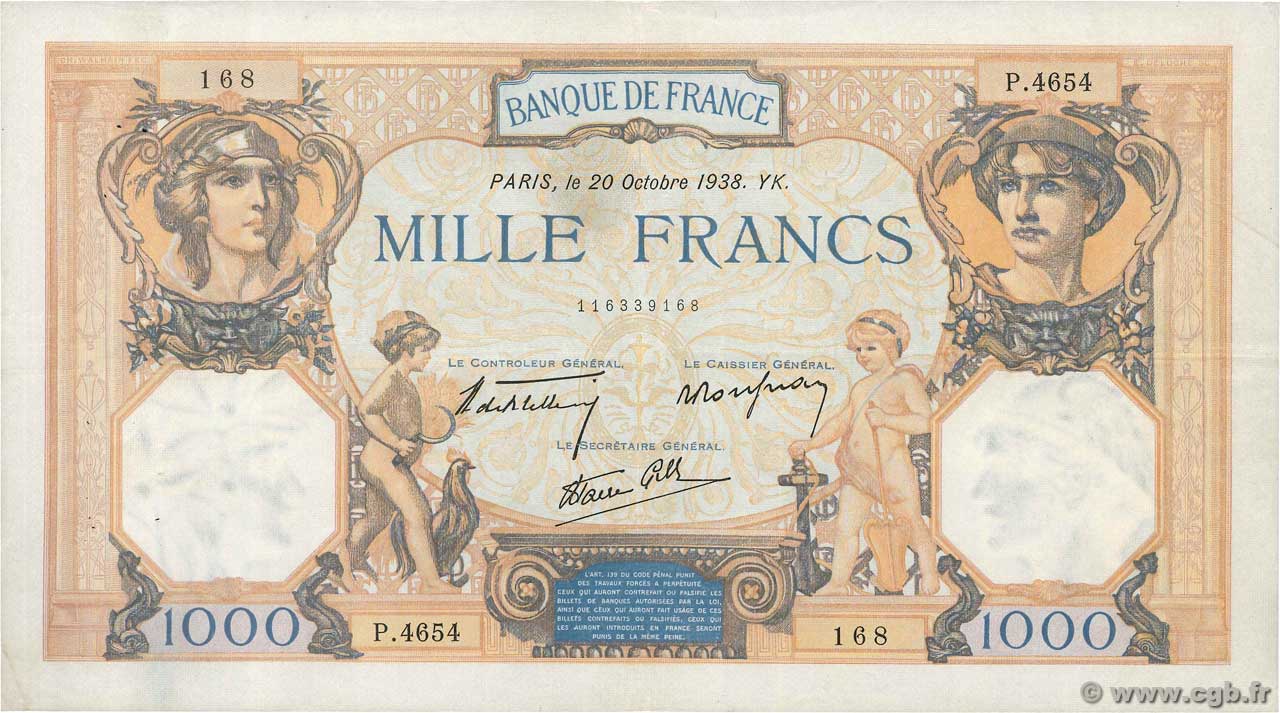 1000 Francs CÉRÈS ET MERCURE type modifié FRANCE  1938 F.38.30 TTB+