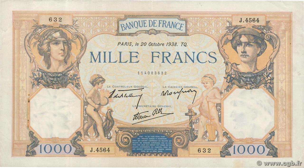 1000 Francs CÉRÈS ET MERCURE type modifié FRANCE  1938 F.38.30 TTB+